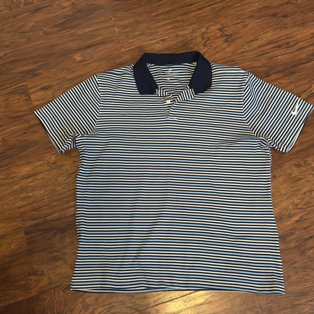 Nike Navy and White Striped Polo‎ Shirt Dry Fit